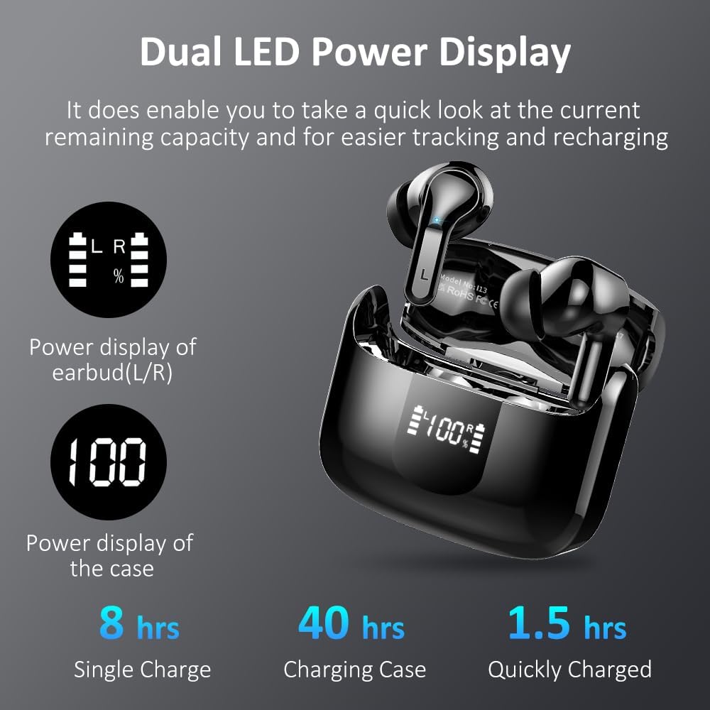 Wireless Earbud, Bluetooth Headphones 5.3 NEW 40H Ear Buds Bass Stereo Earphones Noise Cancelling Earbud with 4 ENC Mic in-Ear Bluetooth Earbud