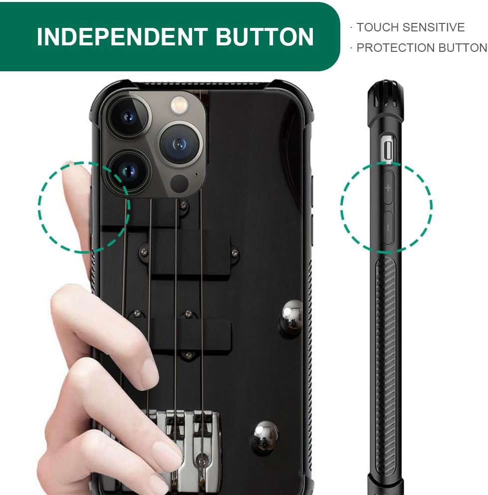 CARLOCA Funda compatible con iPhone 15 Pro, cuerdas de bajo y guitarra, patrón negro, funda para iPhone 15 Pro, ultra protección, a prueba de
