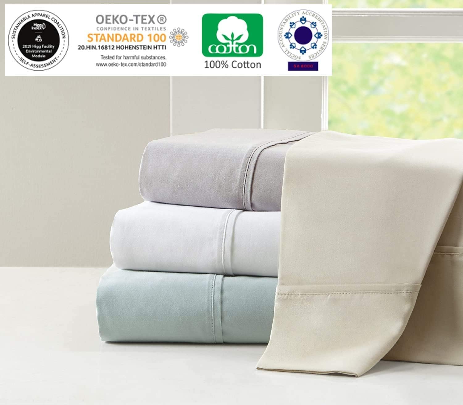 Juego de 2 fundas de almohada 100% algodón percal tamaño estándar para hogares, hoteles y hospitales, algodón de fibra larga para fundas de almohada