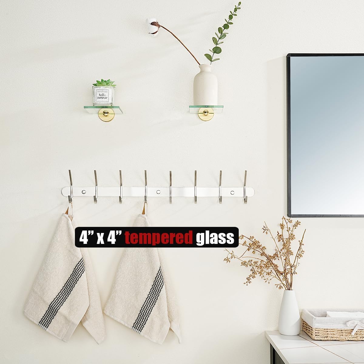JQK Pequeños estantes flotantes de vidrio dorado, repisas de exhibición de 4 pulgadas para pared, mini decoración, sala de estar, dormitorio, baño,