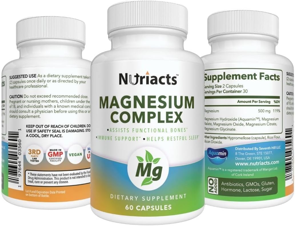Complejo de magnesio 60 cápsulas energía 4 en 1, estado de ánimo, sueño, apoyo digestivo con aquamina, suave al estómago, fórmula de alta absorción