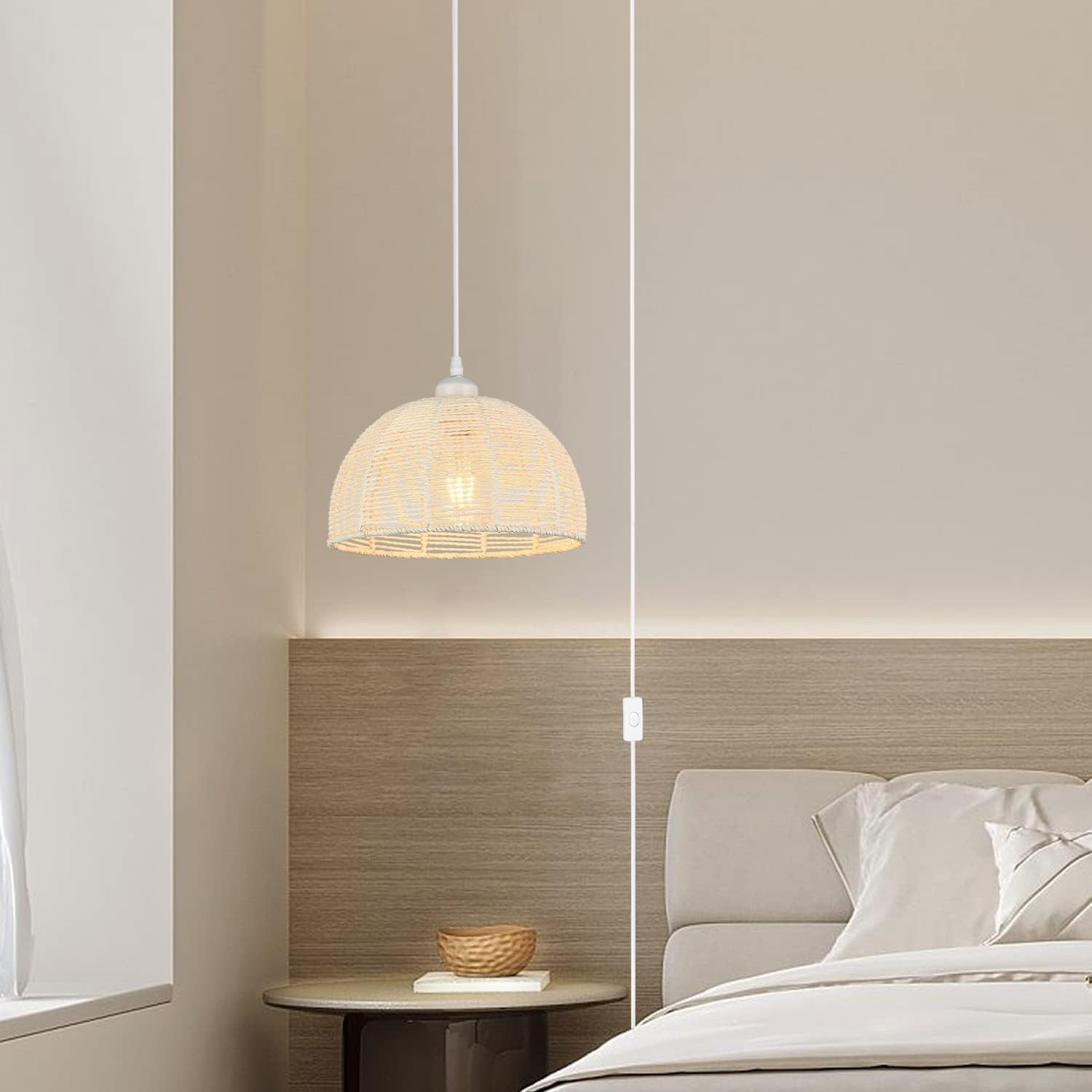 Worderdeng – Lámpara colgante de ratán enchufable, luces colgantes de 14.7 pies con estilo bohemio, lámpara colgante con pantalla de ratán de papel