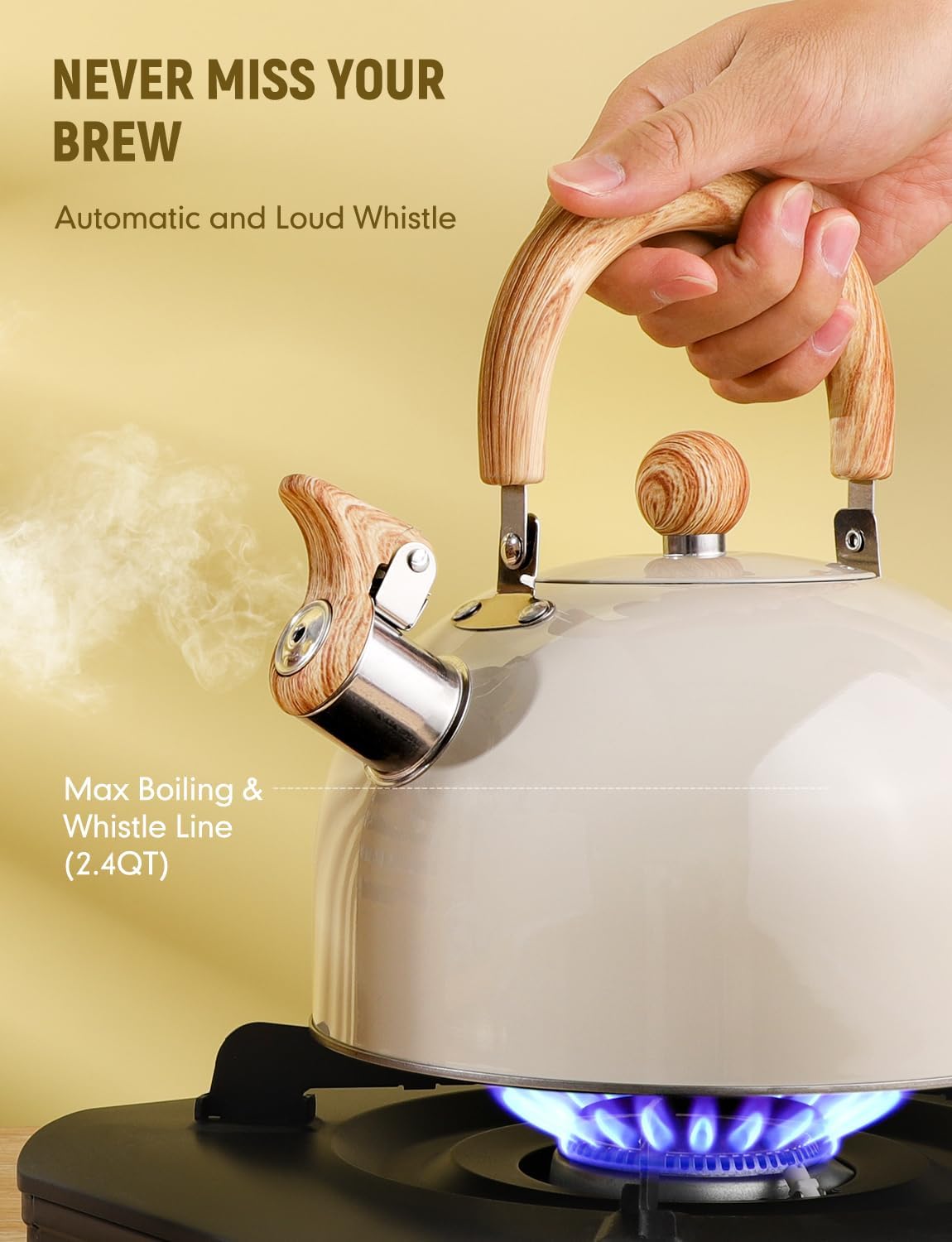 Hervidor de té Whistling para estufa, tetera de acero inoxidable de grado quirúrgico con mango ergonómico que se mantiene fresco, tetera de