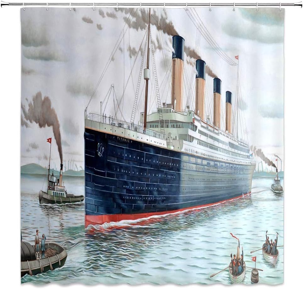 Cortina de ducha de decoración náutica, retro, clásica, barco Titanic, paisaje, acuarela, arte de baño, cortinas de tela de poliéster con gancho,