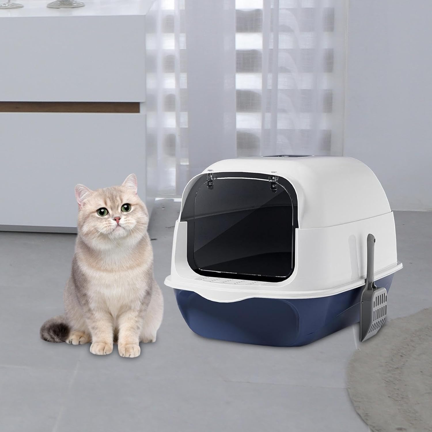 Caja de arena con capucha para gatos con tapa, orinal cerrado y cubierto, caja de arena para mascotas con tapa, color azul