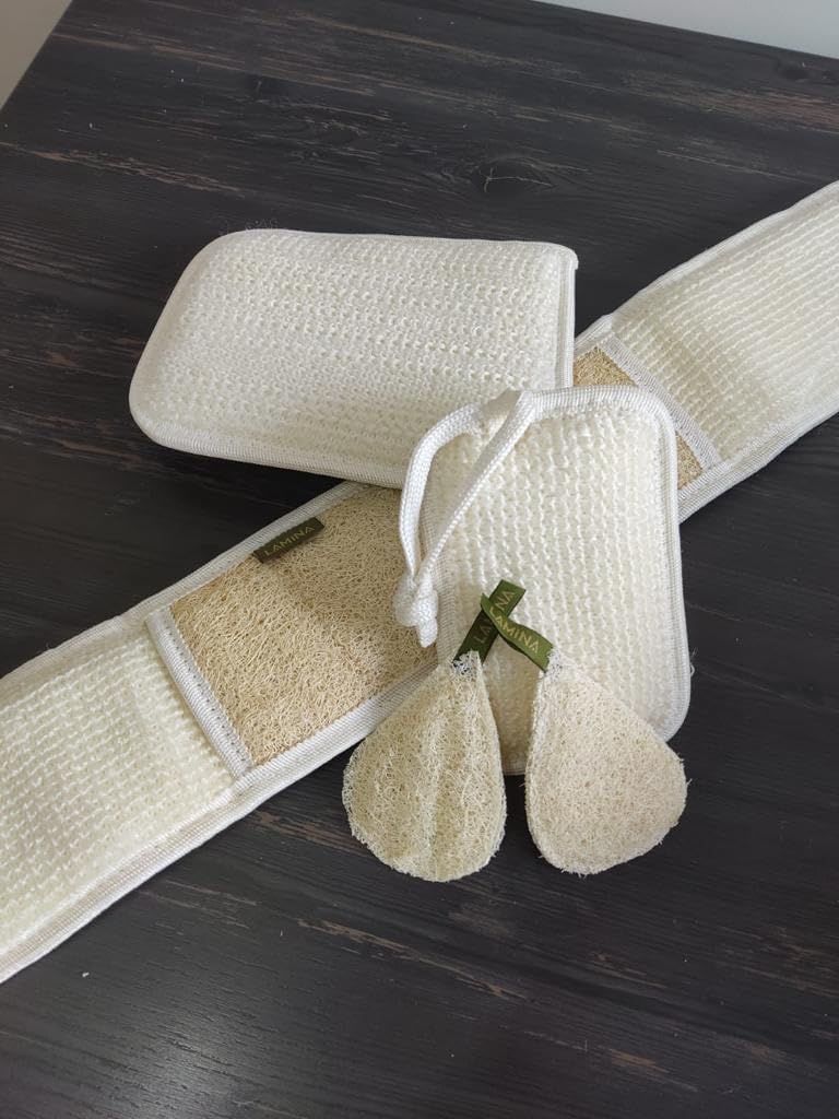 4 piezas  Lamina Natural-Orgánica, esponja de lufa, exfoliante corporal, esponja de ducha Beth Loofah (espalda larga, guante de doble cara, mini