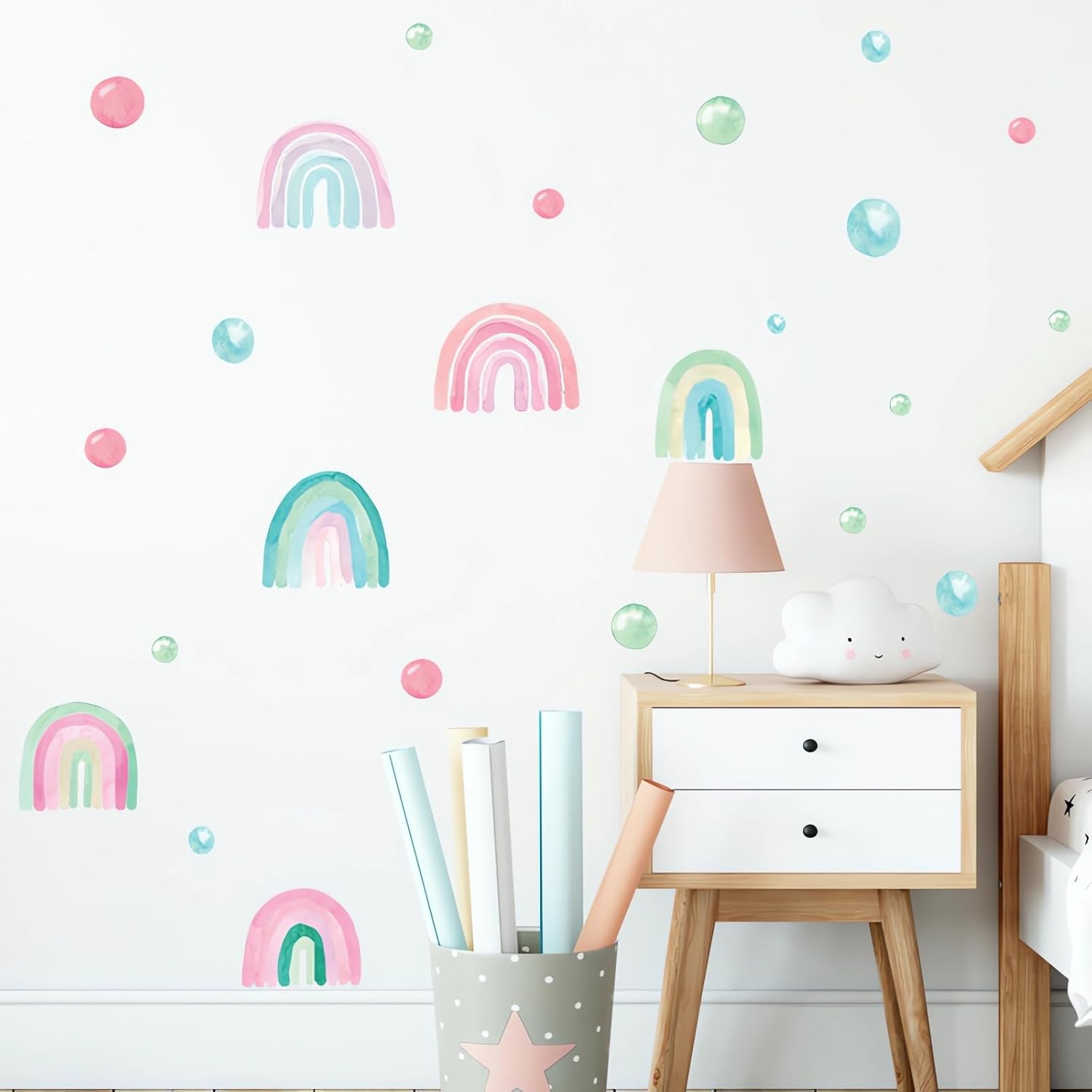 sacinora – 7 hojas de 84 calcomanías de pared de lunares arcoíris coloridos, calcomanías de pared de arte circular, vinilo extraíble para niños,