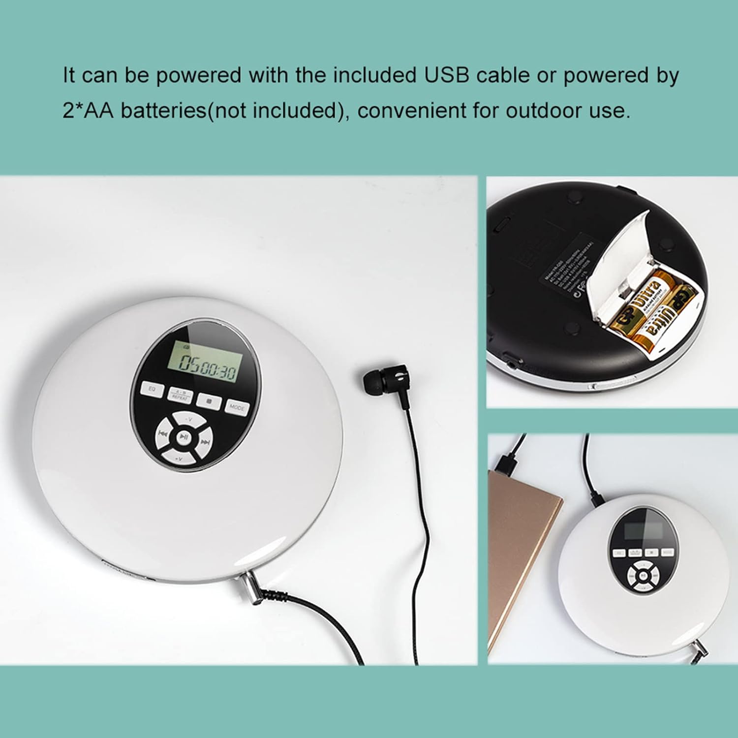 Reproductor de CD portátil, reproductor de música de alta fidelidad para auriculares, tarjeta TF de cable AUX, para viajes en casa y automóvil,
