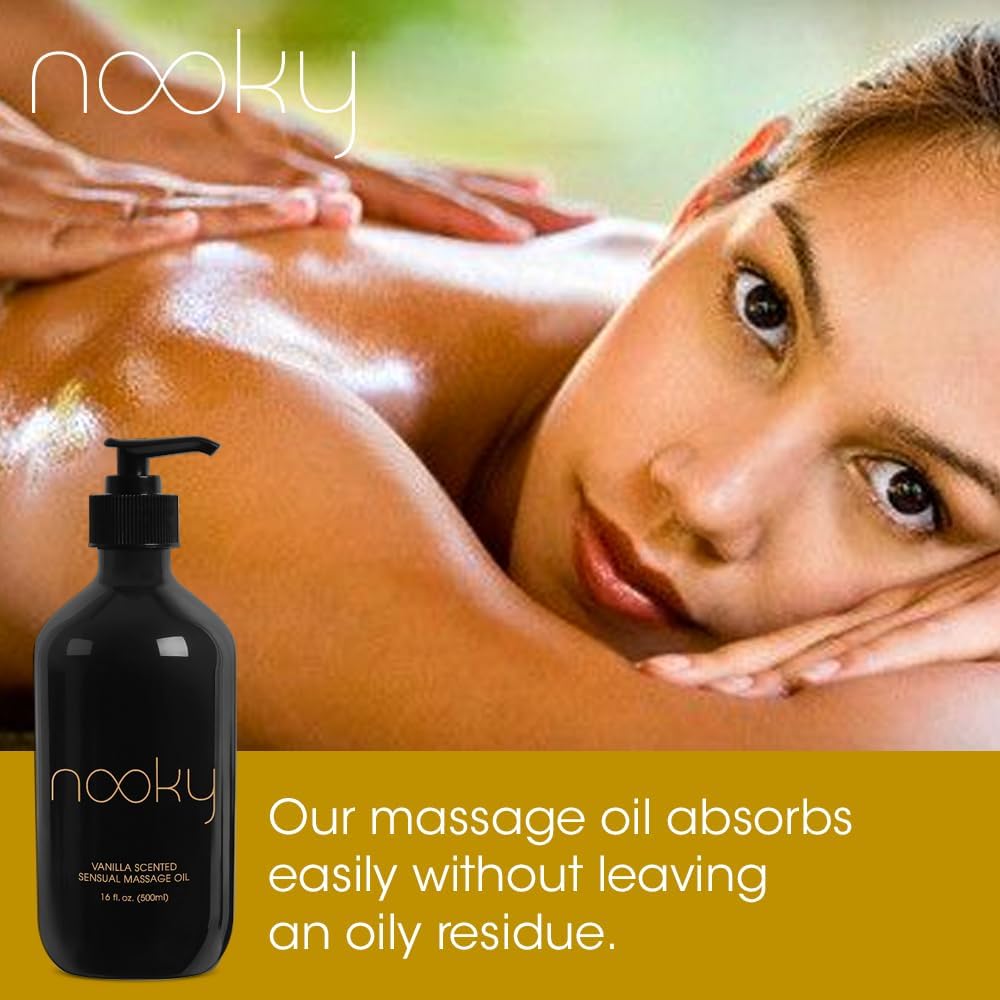 Nooky Aceite de masaje con ingredientes naturales de primera calidad. Aceites relajantes esenciales y dulces de almendras para masajear 16 onzas