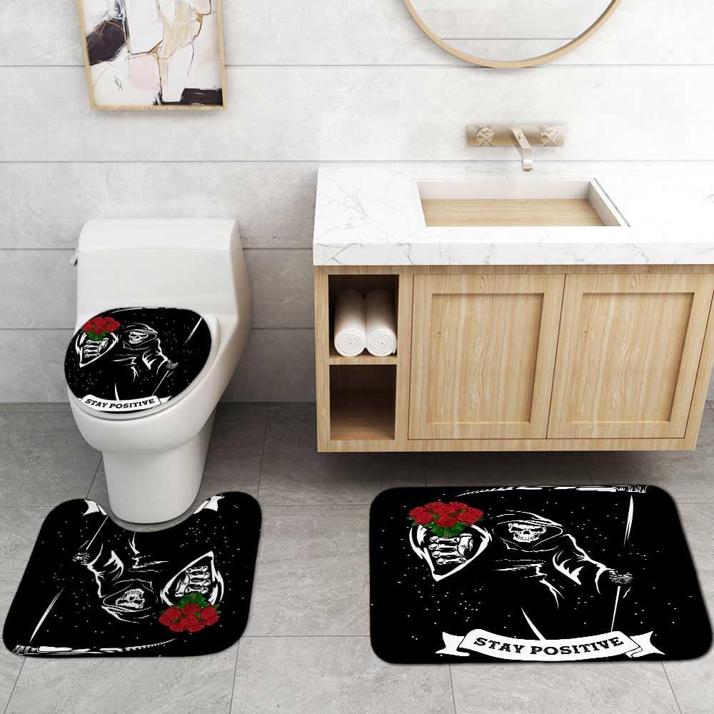 Jayden Madge – Juego de 4 cortinas de ducha con diseño de calavera, citas positivas, esqueleto de la muerte en blanco y negro, ramo de rosas rojas,