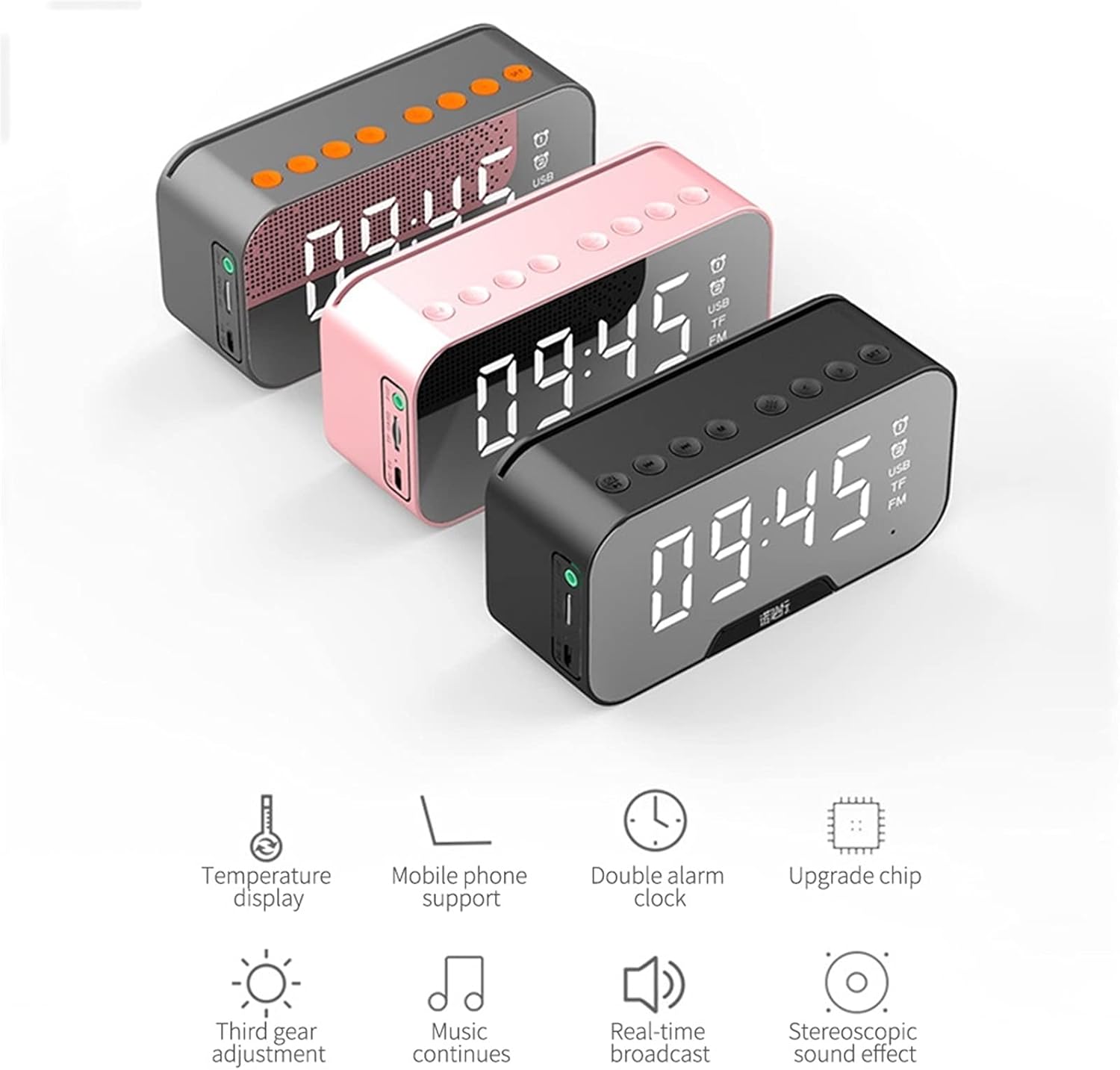 Reloj despertador, material ABS, espejo multifunción, altavoz Bluetooth con radio FM, subwoofer inalámbrico, reproductor de música, reloj de mesa,