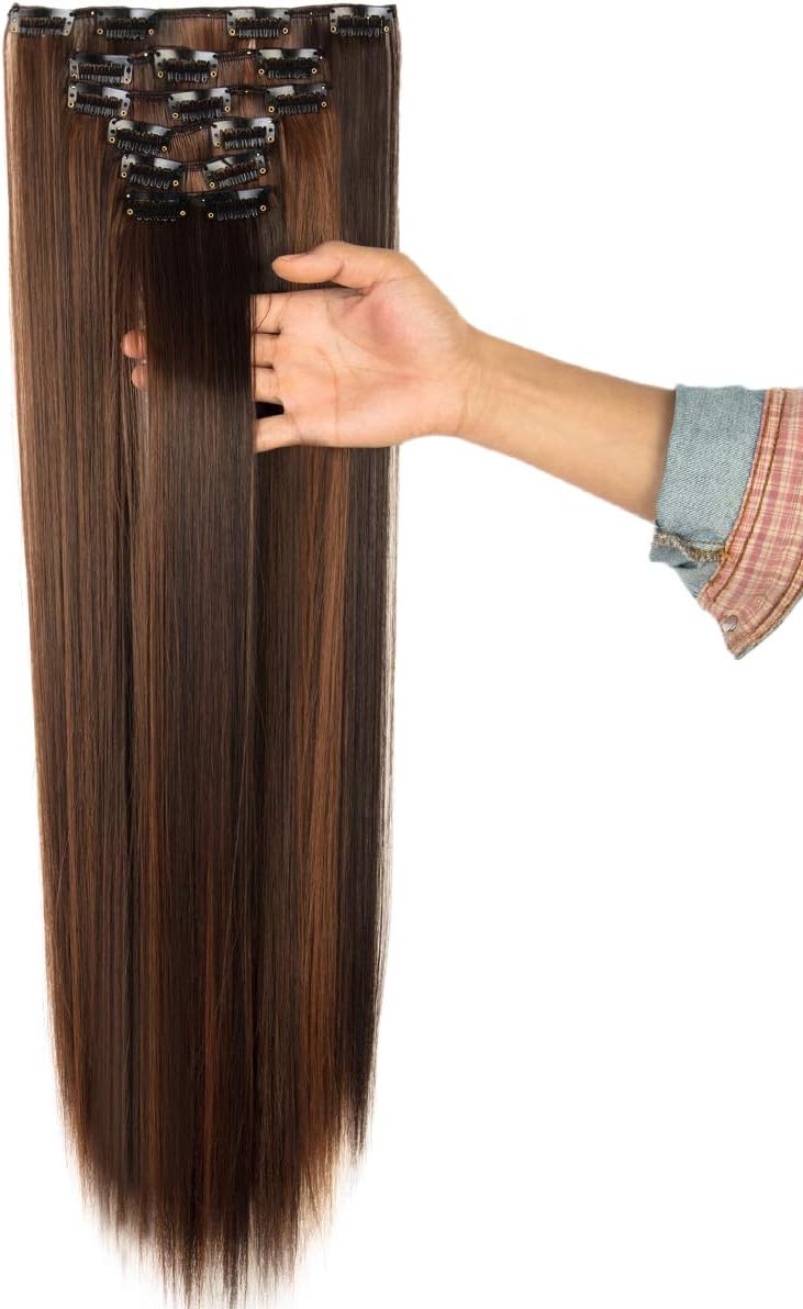 Extensiones de pelo de 24 a 26 pulgadas, 6 unidades, 16 clips rizados, ondulados, rectos, gruesos, clip en extensiones de pelo sintético.