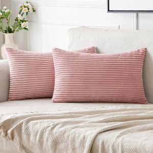 Woaboy Paquete de 2 fundas de almohada de pana de 12 x 20 pulgadas, súper suaves, bohemias, a rayas, color rosa rubor, decoración del hogar para Woaboy Paquete de 2 fundas de almohada de pana de 12 x 20 pulgadas, súper suaves, bohemias, a rayas, color rosa rubor, decoración del hogar para