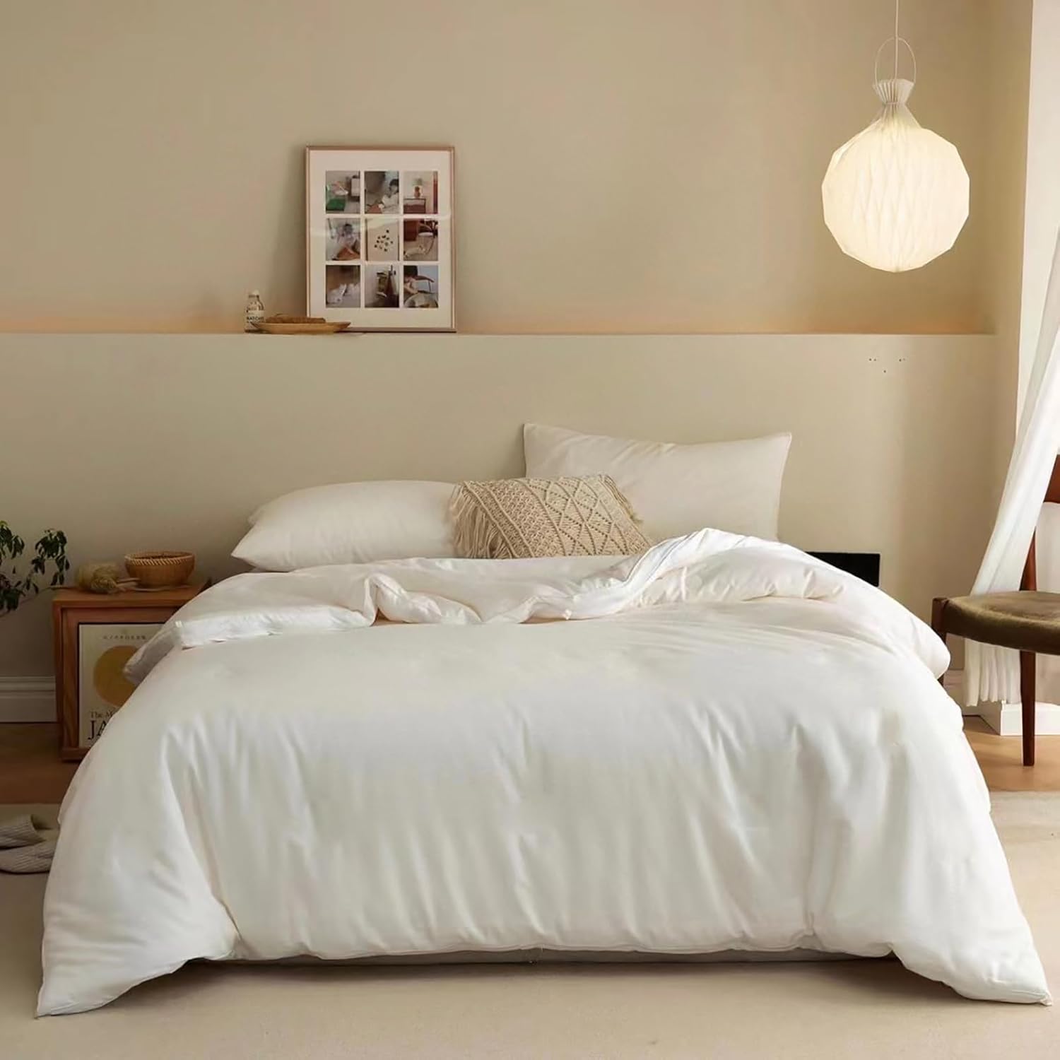 Luxlovery – Juego de edredón color blanco tamaño individual, juego de ropa de cama de 3 piezas, color blanco liso, suave, transpirable, para cama