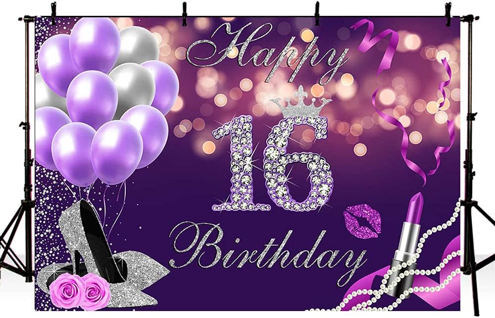 Telón de fondo de feliz cumpleaños número 16 de 7 x 5 pies, globos Bokeh morados con purpurina plateada con purpurina, fondo de lápiz labial de