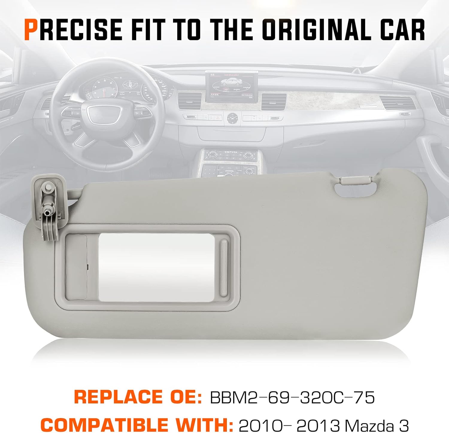 Youxmoto Visera parasol lado izquierdo del conductor para Mazda 3 2010 2011 2012 2013, gris reemplaza # BBM2-69-320C-75, con espejo de tocador
