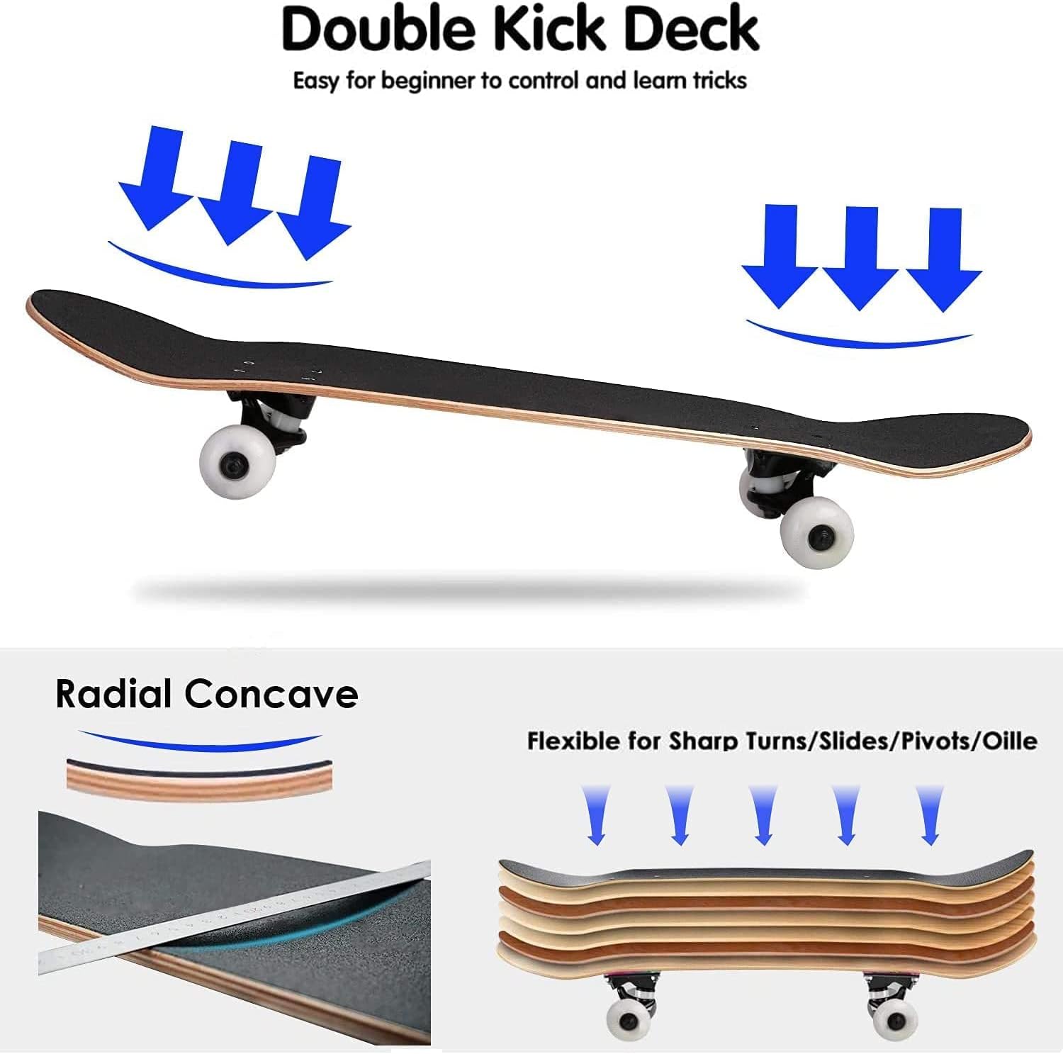 Patinetas cóncavas de doble patada de arce naranja amarillo azul Sunrise Sky Sunset para principiantes, 31 x 8 pulgadas, tablas cóncavas completas