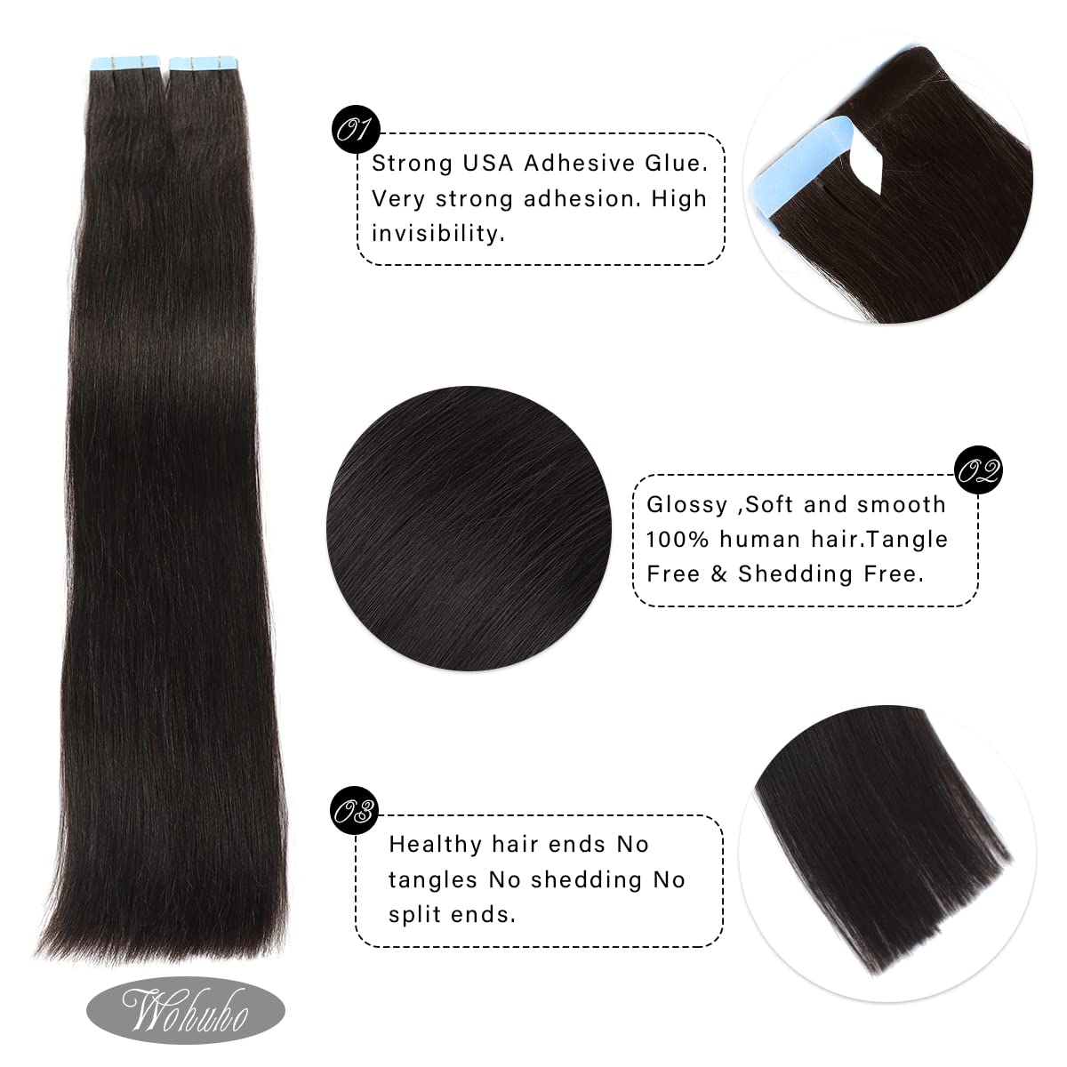 Extensiones de cabello humano adhesivas de cabello humano Remy 100 % real, 1.76 onzas, 20 unidades, cabello virgen brasileño, lacio, sin costuras,