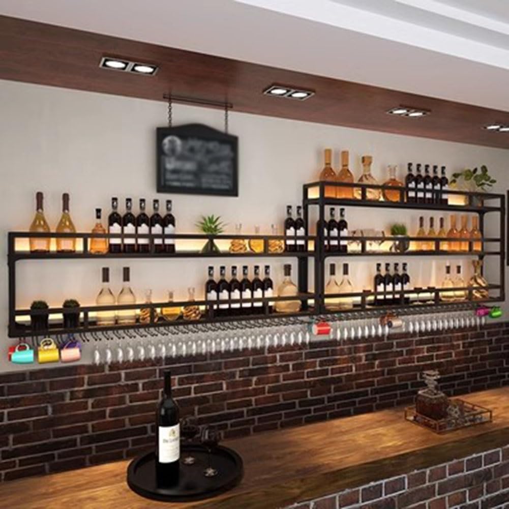 Estante LED montado en la pared para copas de vino, estantes de bar, estantes flotantes de metal, copa colgante al revés para botellas de licor,