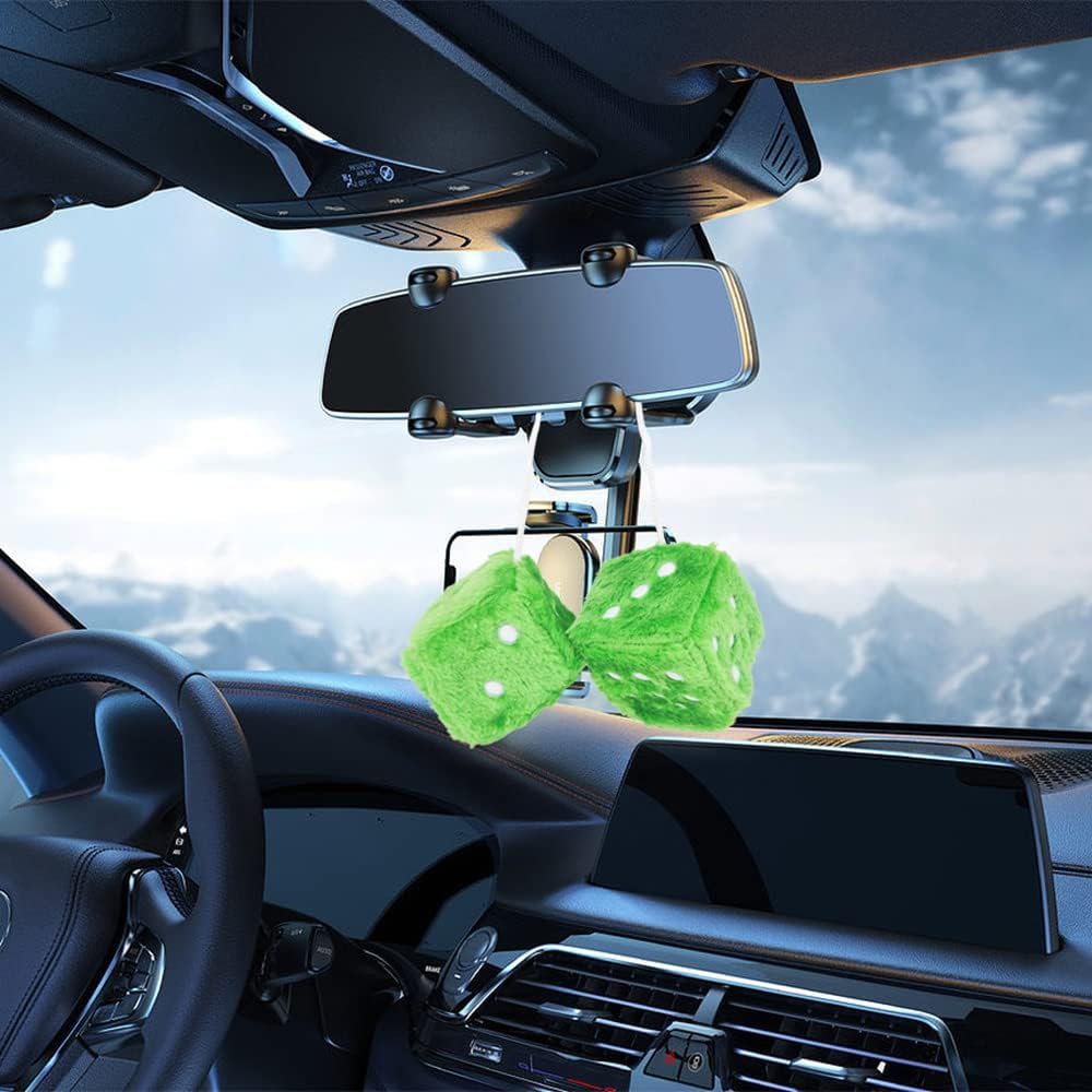 Par de colgantes de 2.4 pulgadas de espejo retro verde mullido para automóvil, dados de espejo retrovisor interior, decoración de dados para