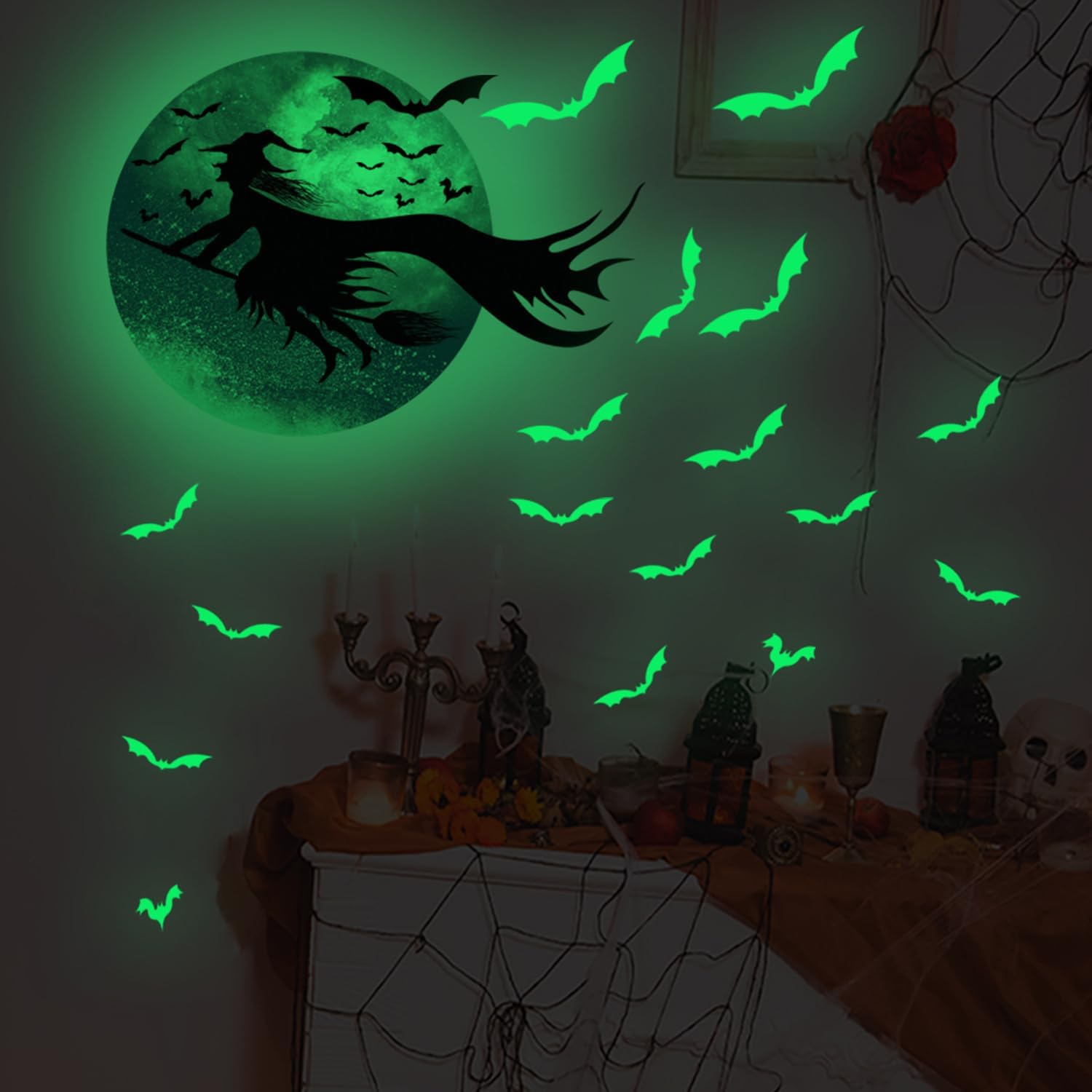 Calcomanías de pared de Halloween que brillan en la oscuridad, diseño luminoso de bruja, murciélago de Halloween, calcomanías de decoración de