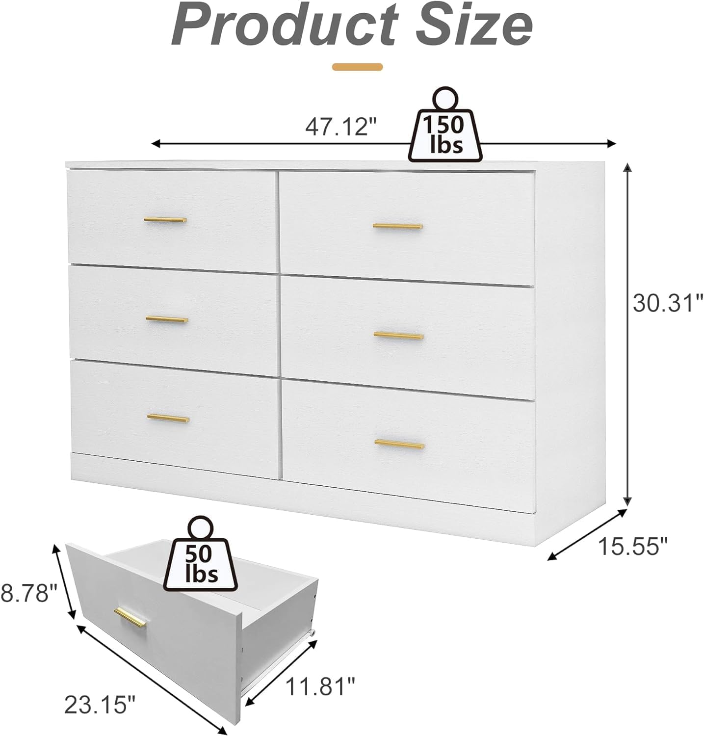 Spaco Cómoda blanca para dormitorio, cómoda de 6 cajones con mango dorado, cómoda de almacenamiento de madera moderna para dormitorio, sala de estar