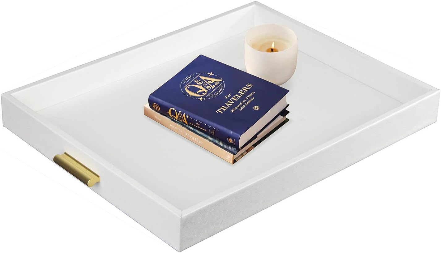 HofferRuffer Bandeja extra grande con asas, elegante bandeja decorativa de piel sintética para mesa auxiliar, otomana, mesa consola (bandeja blanca