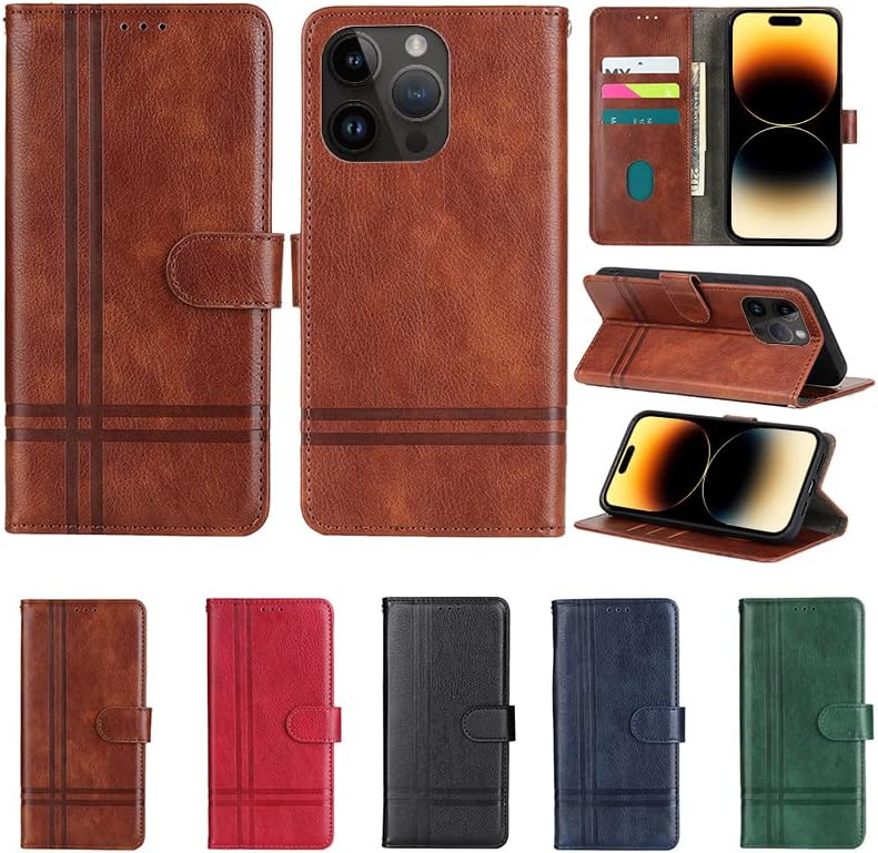 Funda tipo cartera diseñada para iPhone 14 Pro Max con ranuras para tarjetas, funda de cuero de primera calidad con patrón de lichi retro, funda con