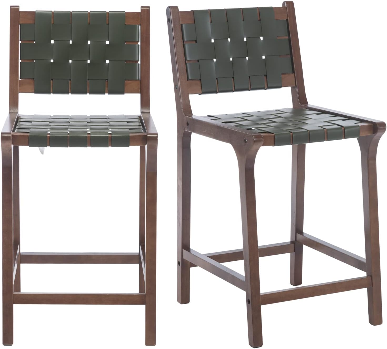 Juego de 2 taburetes de mostrador modernos de 23.5 pulgadas de altura de mostrador con asiento de correa tejida de piel sintética y respaldo