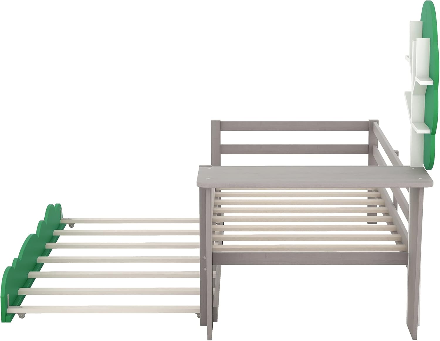 Anwick Base de cama individual con escritorio y nido, sofá cama de madera con escritorio y estantes en forma de árbol verde, cama de plataforma de