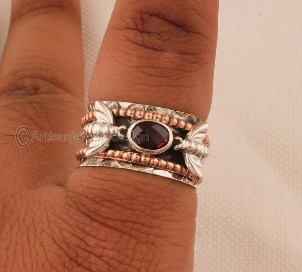 925 Silver Ring, Handmade Ring Women, Spiritual Spinner Ring, Fidget Spinner Ring, Minimalist Ring Silver, Natural Garnet Ring, Bohemian Silver