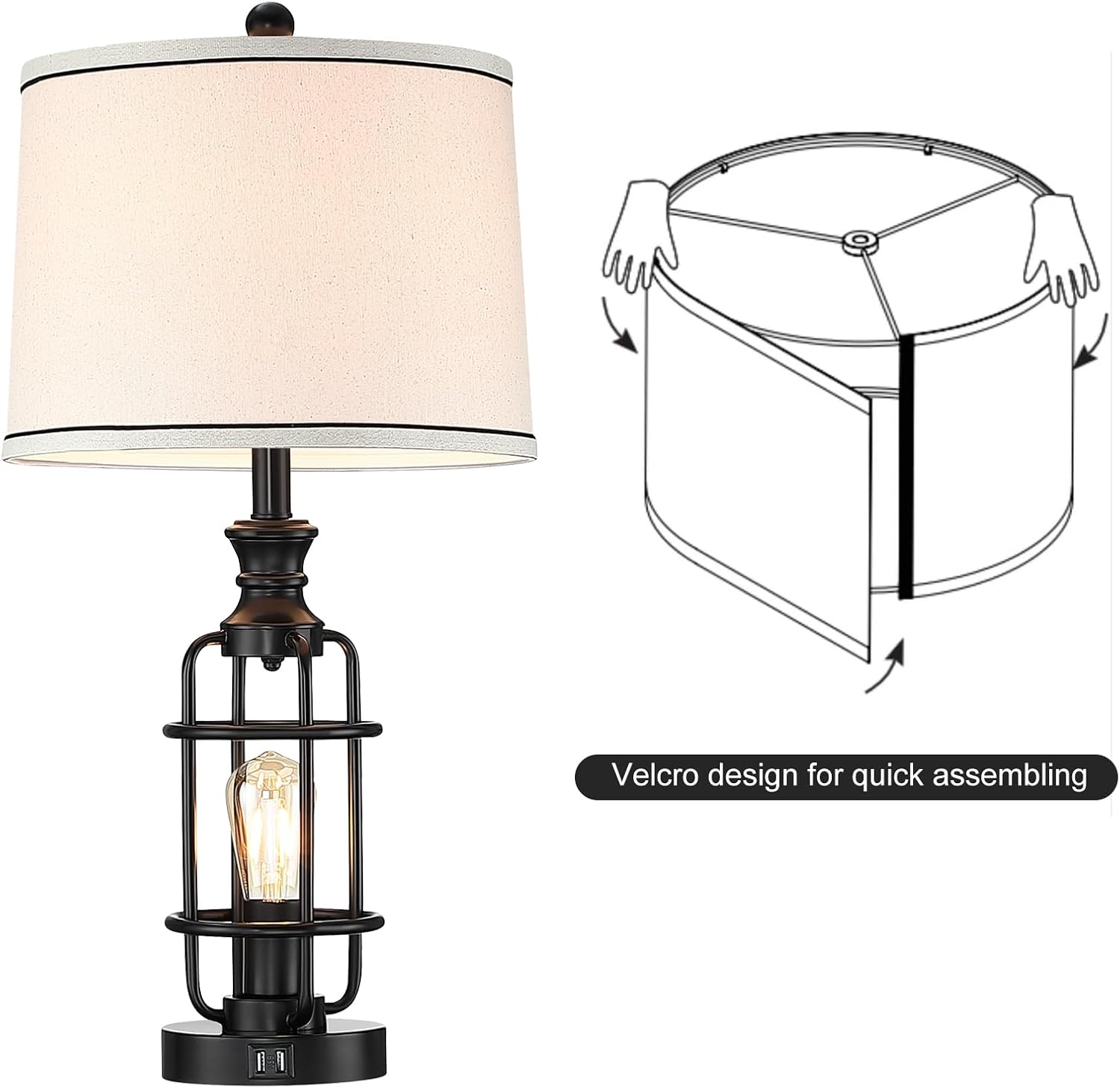 26.3Table Lamps Set of 2 with USB Charging Ports,Farmhouse Bedside Nightstand Lamp with Rotary Switch,Rustic Reading Lamps Industrial Desk Lamps for