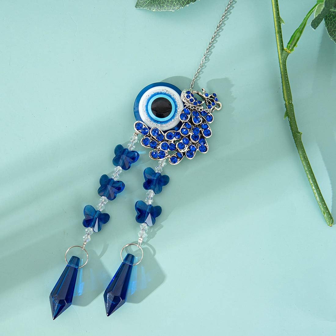 Colgante colgante de cristal azul pavo real con protección contra el mal de ojo, regalo