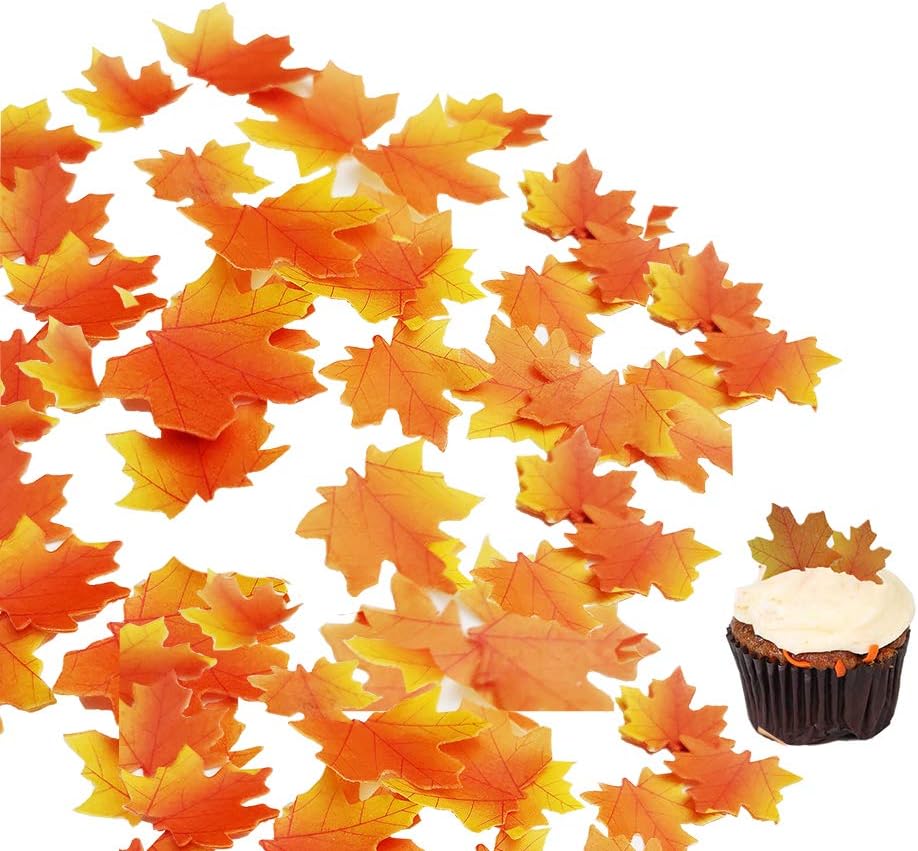 50 piezas comestibles de hojas de otoño de hojas de oro, decoración de pastel de hojas de arce, decoración de otoño, taza de hoja dorada comestible
