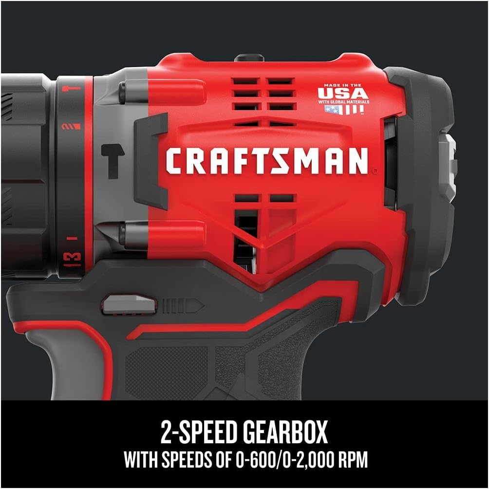 CRAFTSMAN V20 Kit de taladro de martillo, inalámbrico, 12 pulgada, 2 baterías y cargador incluidos (CMCD721D2)