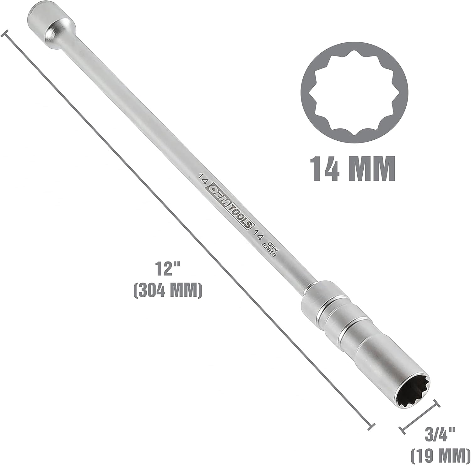 OEMTOOLS 22813 38″ Drive 0.551 in x 12 Pt. Enchufe de bujía de pared delgada, extensión de 12 pulgadas, funciona en BMW, mini y más, cabe en