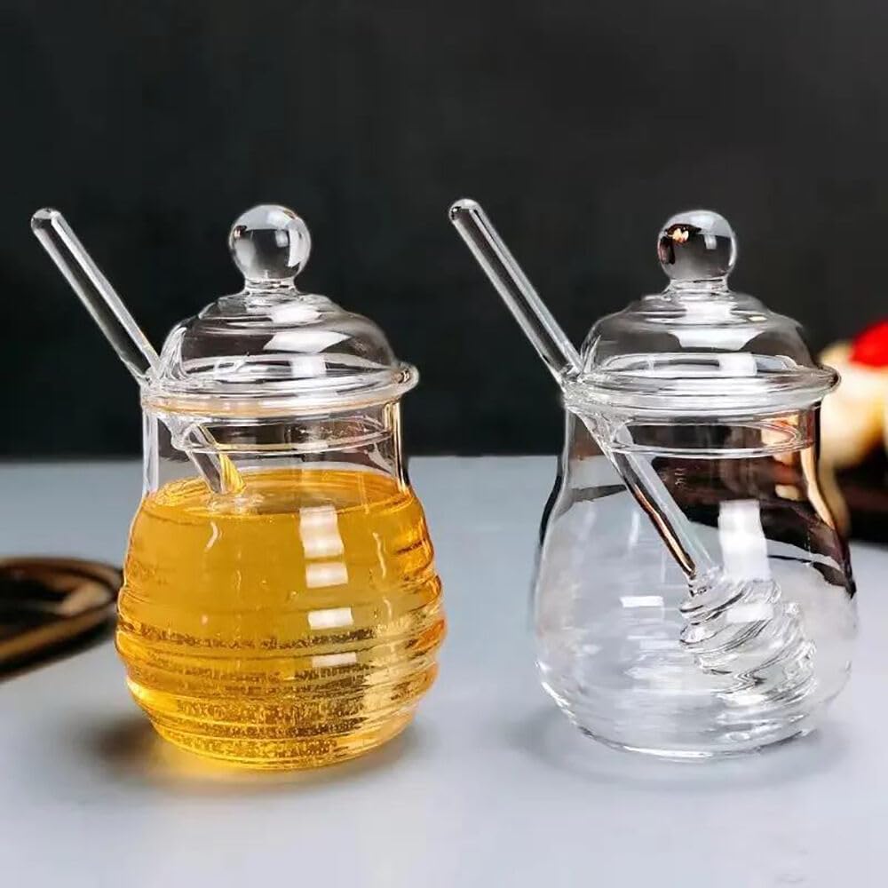 Honey Pot – Tarro de miel de vidrio con cuchara de 9.8 oz (9.8 fl oz) Contenedor de miel con tapa y recipiente de jarabe de miel