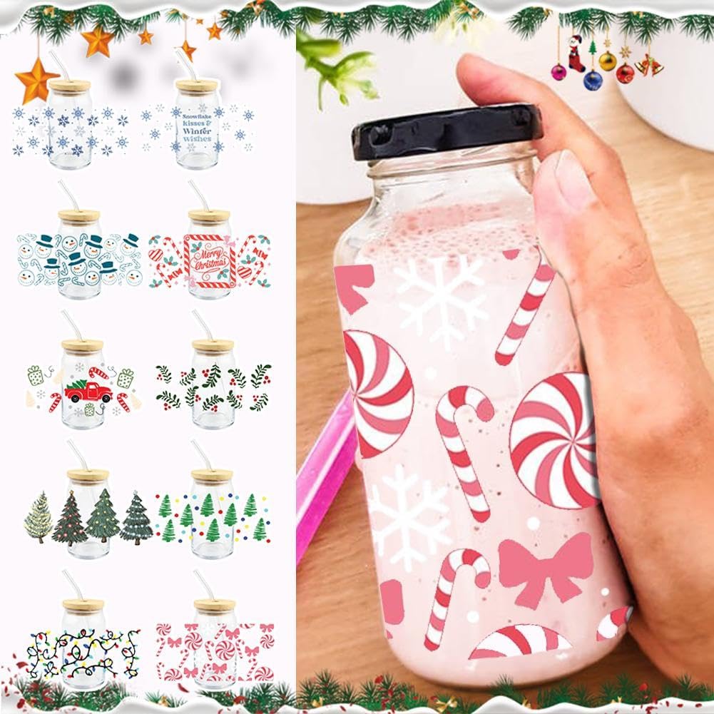 Adhesivos de transferencia de Navidad UV DTF, etiqueta de transferencia de envoltura de copa UV DTF, Santa Claus impermeable envolturas de vasos