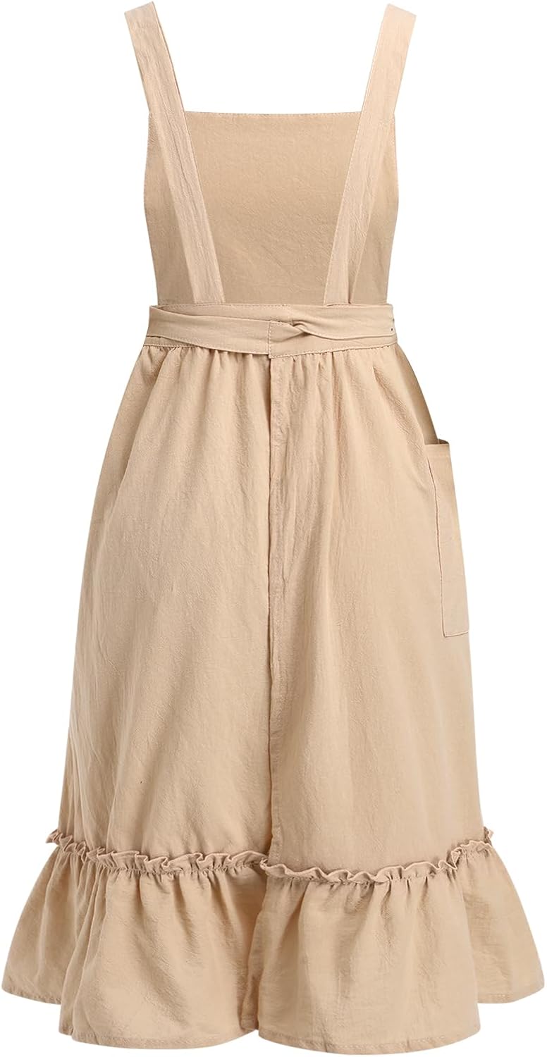 OBEEII Delantal de lino de algodón para mujeres y niñas, vintage, para hornear, cocinar, jardinería, trabajo, delantal, vestido con bolsillos