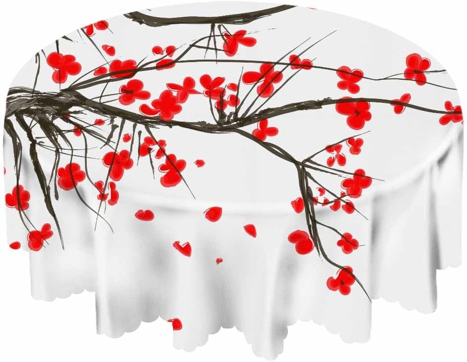 Yibeas Mantel redondo de cereza roja japonesa con pintura de tinta, flor y cerezo, para comedor, cocina, decoración redonda, 60 pulgadas