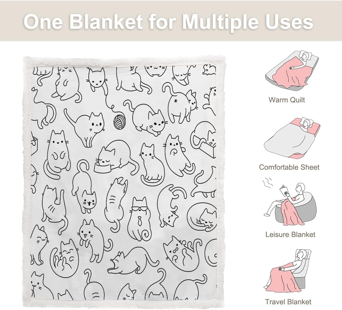 Sleepwish – Manta sherpa de gatos, muy suave, reversible, ultra lujosa, reversible, ultra lujosa, de felpa y vellón, para mascotas, sofá o cama,