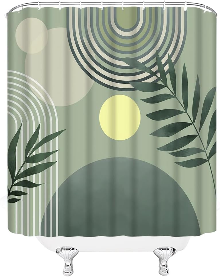 Cortina de ducha bohemia de mediados de siglo, moderna, color verde salvia, abstracta, retro, de mediados de siglo, geométrico, arco iris, hoja de
