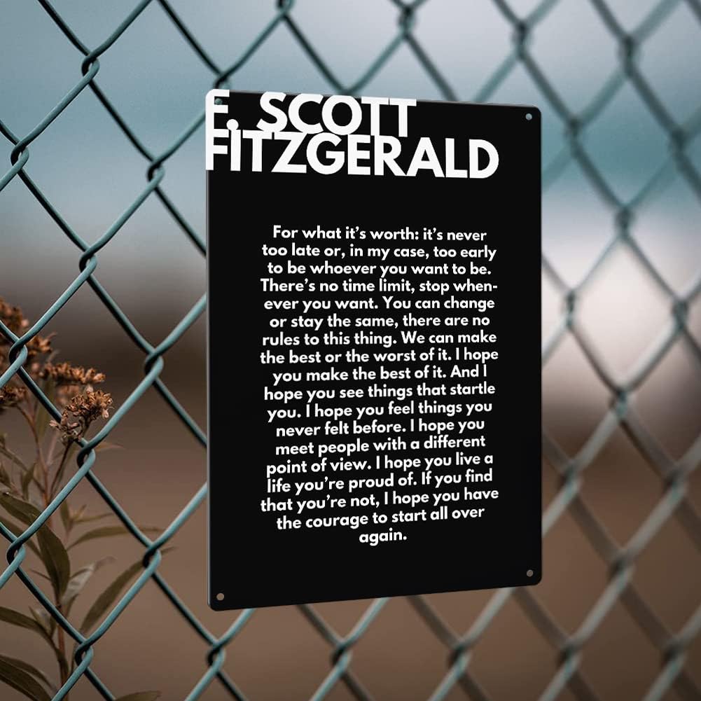 F. Scott Fitzgerald Quote Metal Signs Wall Art Poem Poster Decor for Living Room Painting Kitchen Artwork for Modern Home Decorations for Bedroom