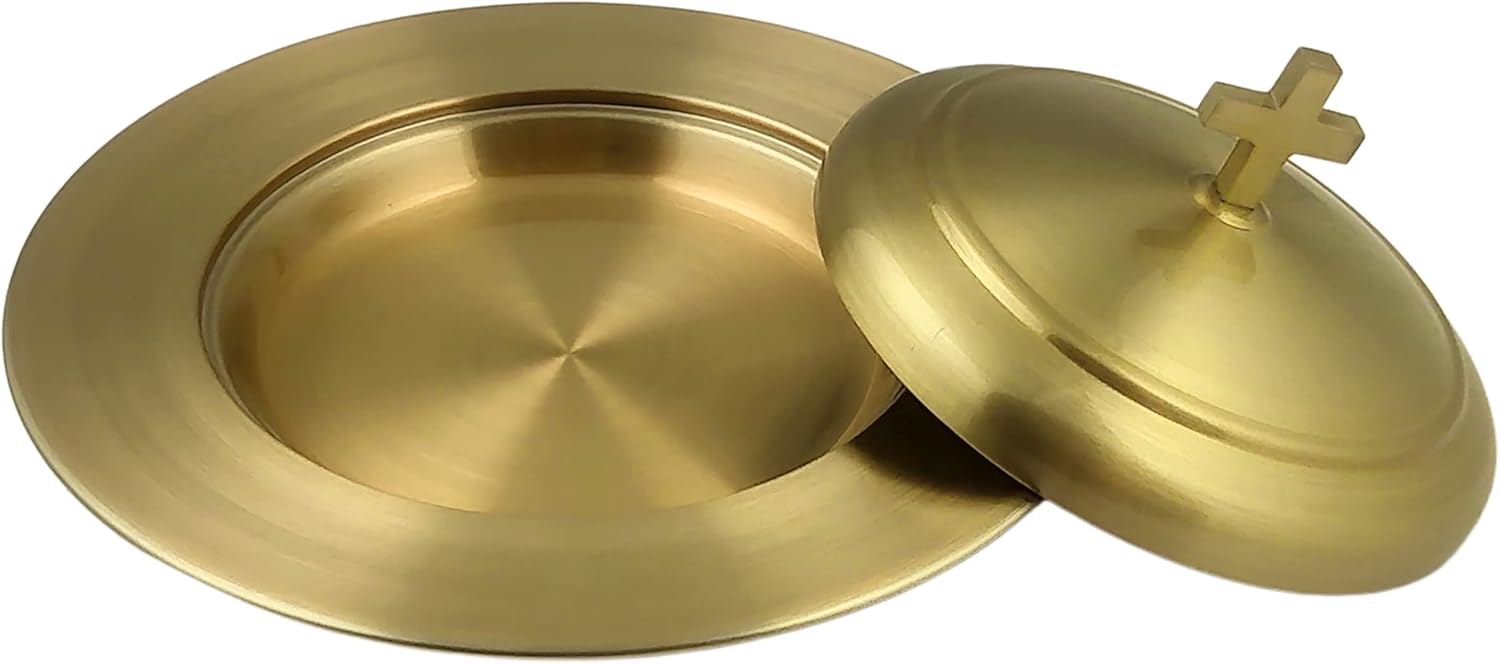 Communion Ware – 2 bandejas para servir vino santo con tapa y 2 platos apilables para pan con tapa + 80 tazas, acero inoxidable (latóndorado)