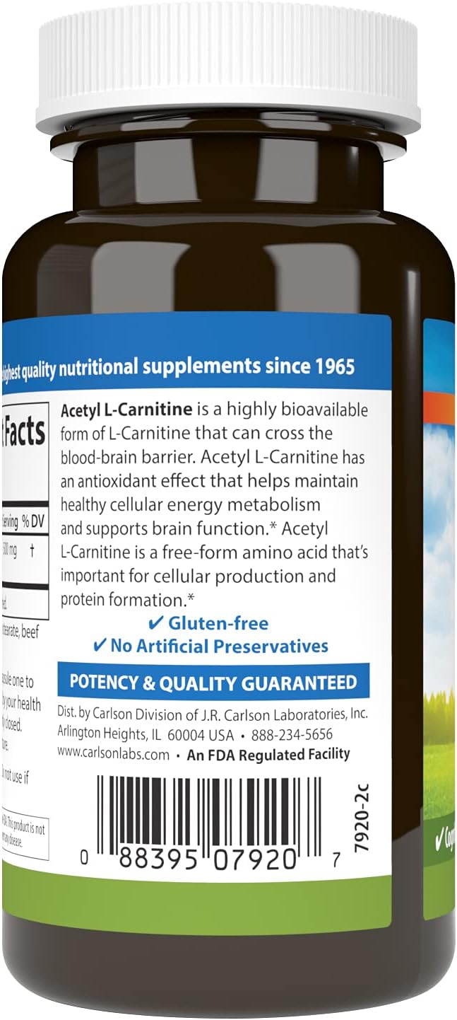 Carlson Labs Acetil L-Carnitina, 500 mg, 60 cápsulas