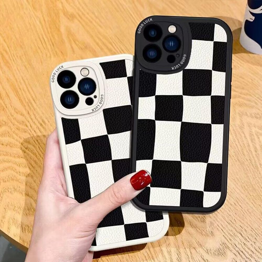 Casechics Funda compatible con iPhone, diseño estético retro clásico a cuadros, tablero de ajedrez a cuadros, protección de lente de cámara, suave a