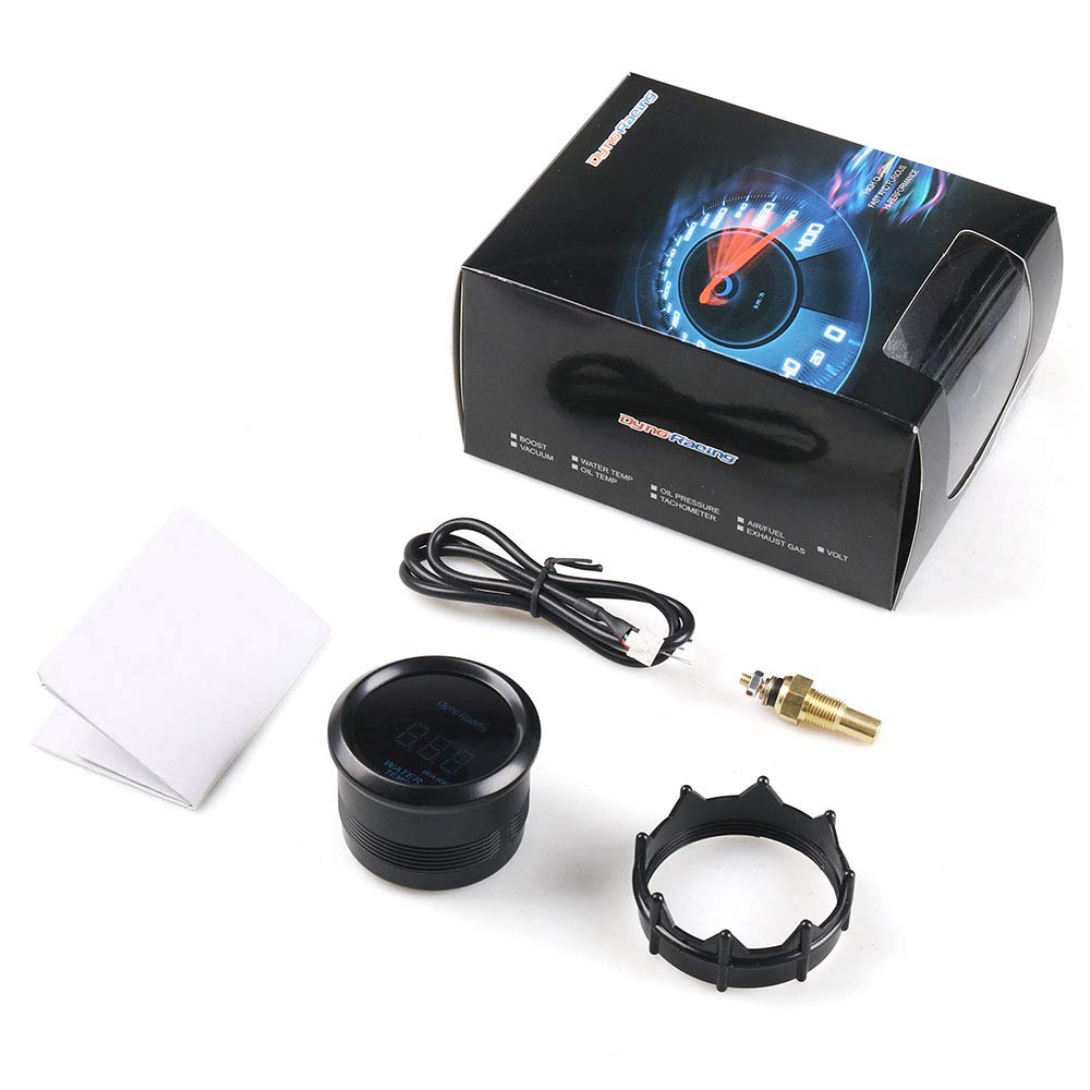 Dynoracing – Medidor digital de temperatura de agua LED azul de 2 pulgadas, 2.047 in, 104.0-302.0 F con adaptador de sensor de tubería de