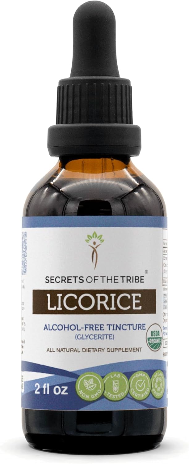Secrets of the Tribe Regaliz USDA Orgánico  Extracto sin alcohol, gotas de hierbas de alta potencia  Hecho de regaliz orgánico 100% certificado