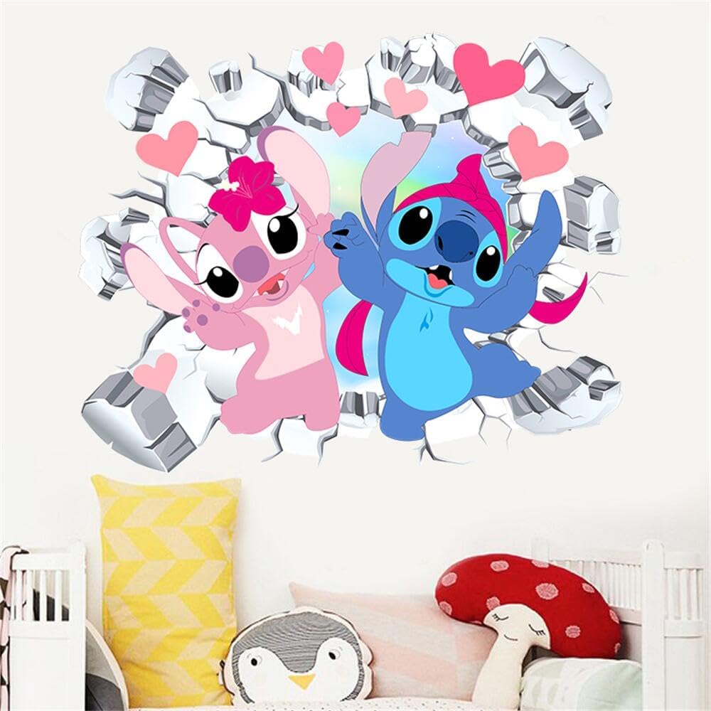 FANG LIAN – Calcomanías de pared de Lilo y Stitch, calcomanías de pared de dibujos animados, diseño de puntada extraíble, decoración mural para