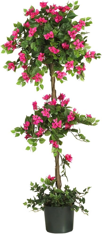 Nearly Natural Mini buganvillas Topiary Beauty, 5 pies, 9 x 9 x 62.5 pulgadas, cesta de buganvilla verde, 1 planta colgante artificial, 32 x 32 x 24